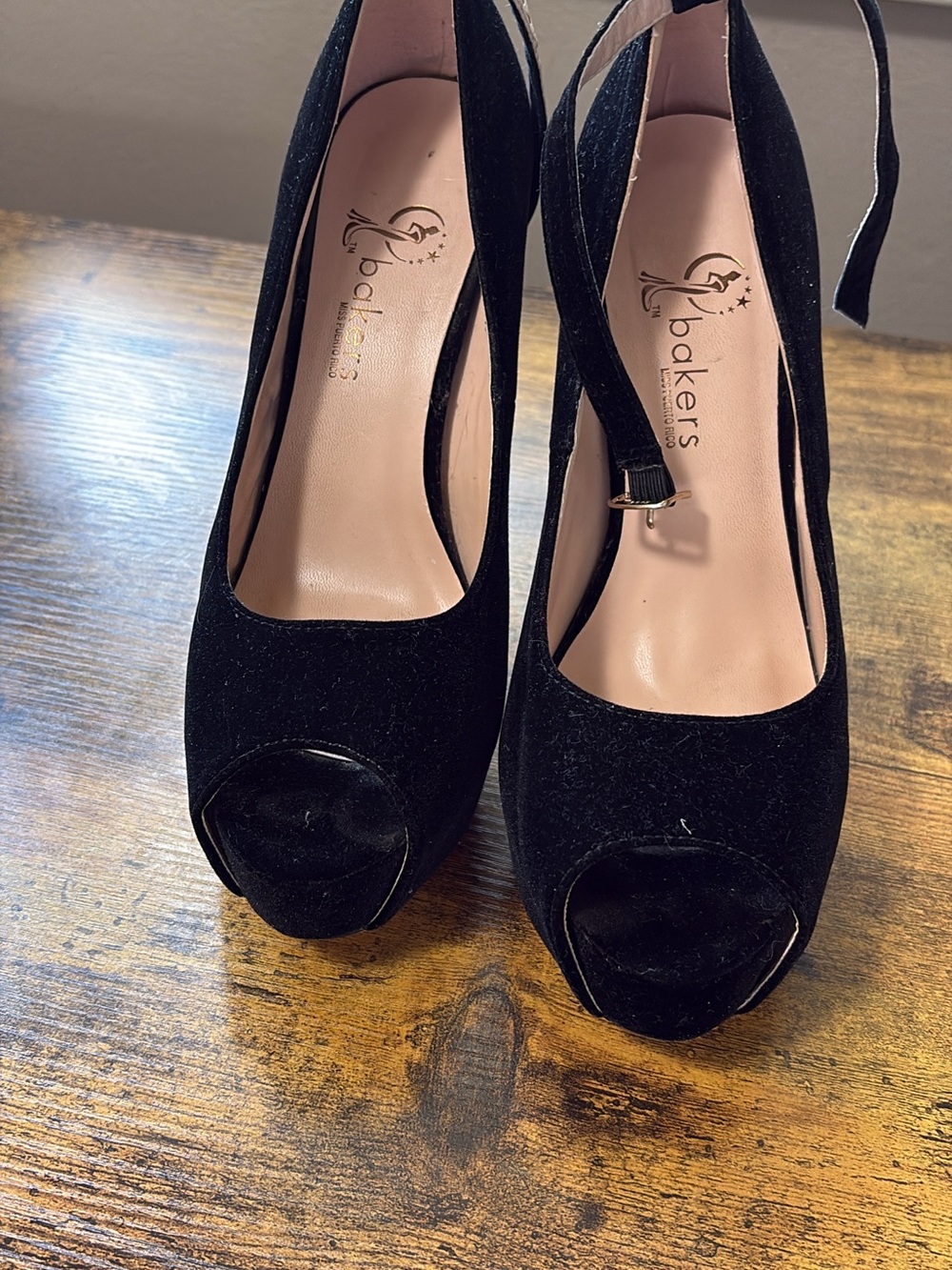 Bakers Black Velvet Peep-Toe Platform Heels with Ankle Strap